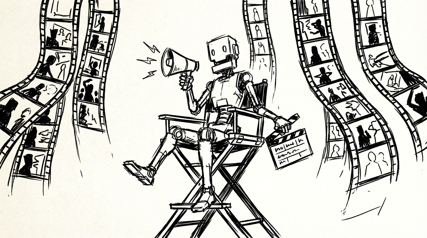 Wan AI video workflow - a story idea moving through character design, shot planning, generation, and editing - minimalist black and white manga style