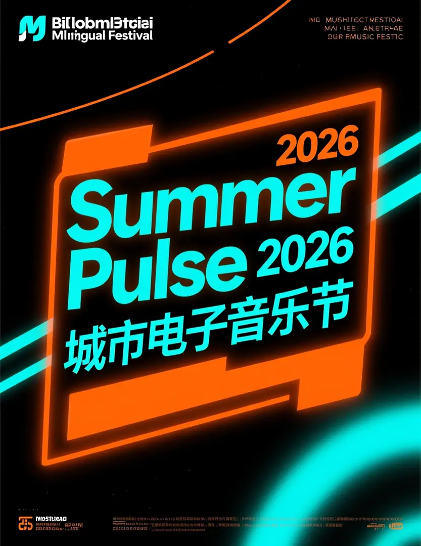 大きな「Summer Pulse 2026」見出しと太字の中国語テキストを使用したバイリンガルフェスティバルポスター。